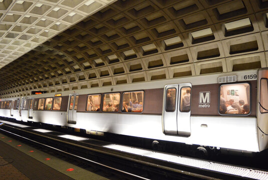 Fully Occupied Metro arrives at Pentagon City station in Washington DC, USA on June 24, 2015