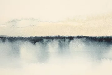 Stoff pro Meter Abstrakte Aquarell-Flow-Blot-Abstrich-Landschaftsmalerei. Horizontaler Hintergrund der blauen und beigefarbenen Segeltuchbeschaffenheit. © Liliia