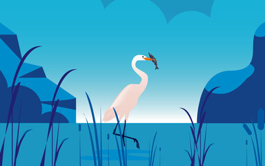 Stork on the water catches fish