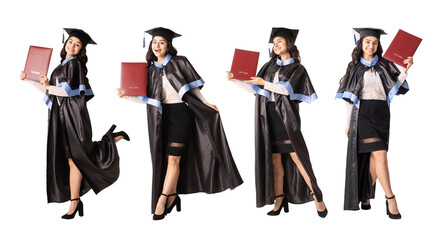 Set of indian race ethnicity woman student, university graduate with red diploma isolated on white. Ready for clipping path.