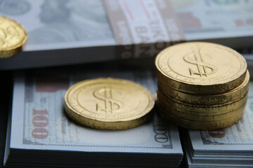 Graph of profit growth, stacks of gold coins.