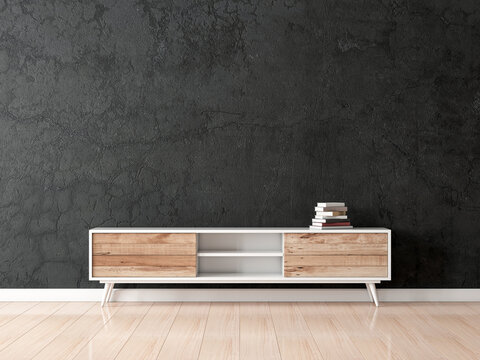 Modern bureau or tv console mockup in empty living room with black concrete wall, 3d rendering