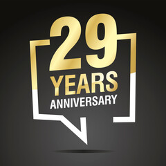 29 Years Anniversary celebrating, gold white speech bubble, logo, icon on black background