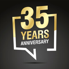 35 Years Anniversary celebrating, gold white speech bubble, logo, icon on black background