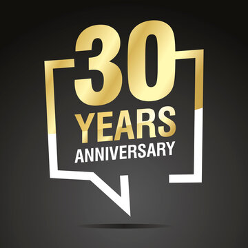 30 Years Anniversary celebrating, gold white speech bubble, logo, icon on black background