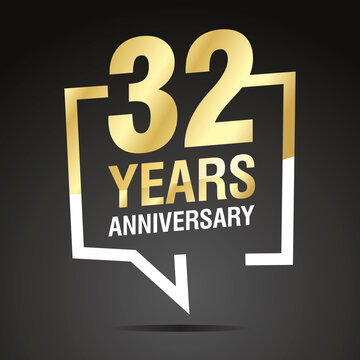32 Years Anniversary celebrating, gold white speech bubble, logo, icon on black background