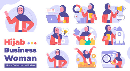Collection of Muslim business women wearing hijab in various business poses
