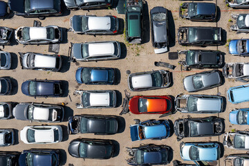 Fototapeta Abandoned Cars in Junkyard. Top Down View. Drone Photo. Vehicle Demolition. obraz