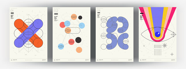 Abstract posters. Vector trendy illustrations of geometric shapes. Memphis and Bauhaus style designs. Modern paintings for interior.