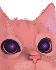Cute pink cat with heart in eyes. Digital cat art illustration on isolate background