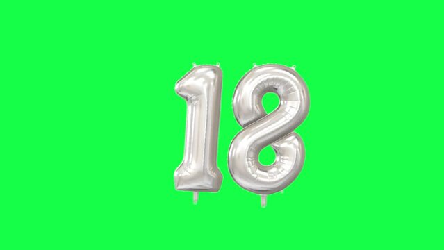 Helium Number Balloon With Number 18. Green Screen And Alpha Luma Matte Channel. Loop Animation.