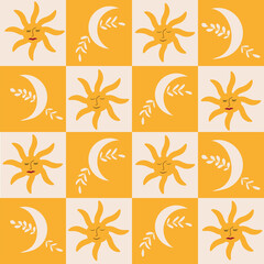 Fototapeta na wymiar boho sun with eyes and lashes and crescent moon with leaves on orange and white checkerboards seamless pattern. For fabric, textile, wallpaper and wrapping paper