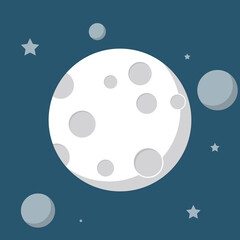 Cartoon moon with planets and stars in the night outer space. Vector illustration.