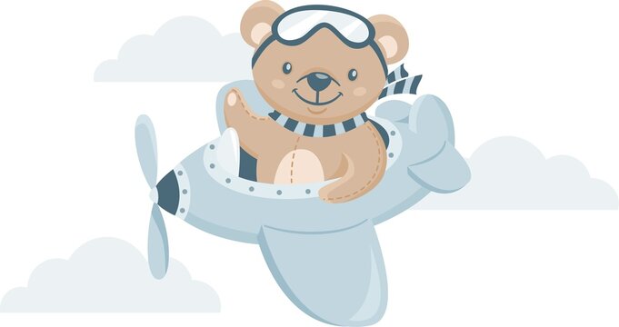 Cute kid's illustration. A kindly teddy bear flying in the sky on an airplane. Print for children's clothing 
