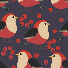Seamless pattern with funny colorful birds, flowers, leaves and berries. Color flat vector illustration with little cartoon bird. Cute characters. Design for invitation, poster, card, textile, fabric
