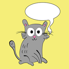 Funny hand drawn gray cat with speech bubble isolated on yellow background. Vector illustration. Flat design.