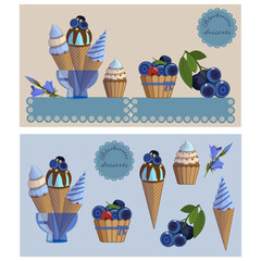 Ice cream cones, blueberries, cupcake, pattern napkins on shelf, blue, beige background. Vector illustration.