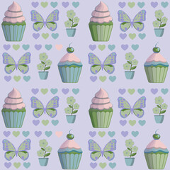 Cupcakes, butterflies, hearts, flowers seamless pattern. Vector illustration