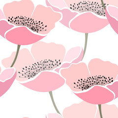 Seamless floral pattern with pink tulips. Cartoon style. Design for fabric, textile, paper. Spring colorful vector illustration, fowers with leaves. Holiday print for Birthday, 8 march