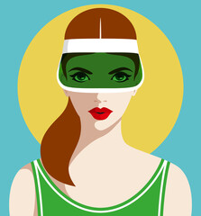 1306_Beautiful redhead woman wearing plastic sun visor cap and green swimsuit - 513059644