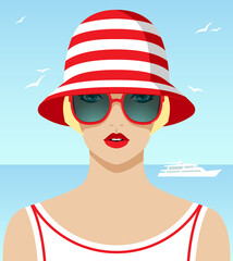 1307_Blonde woman wearing red sunglasses and hat - 513059645