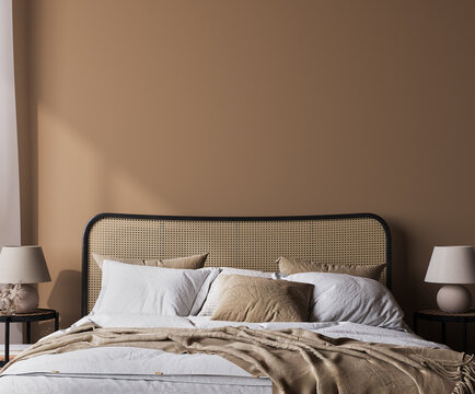 Bright bedroom mockup, rattan wooden bed in a beige background, wall mock up in a neutral colors room interior, 3d render
