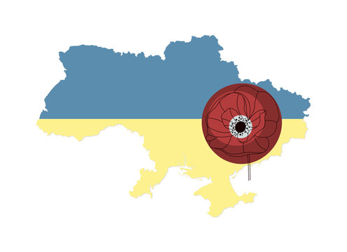 Map of Ukraine with Red Poppy flower Yellow Blue Ukrainian flag