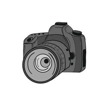 DSLR. Hand drawn gray digital photo camera with lens isolated on white background. Vector illustration.