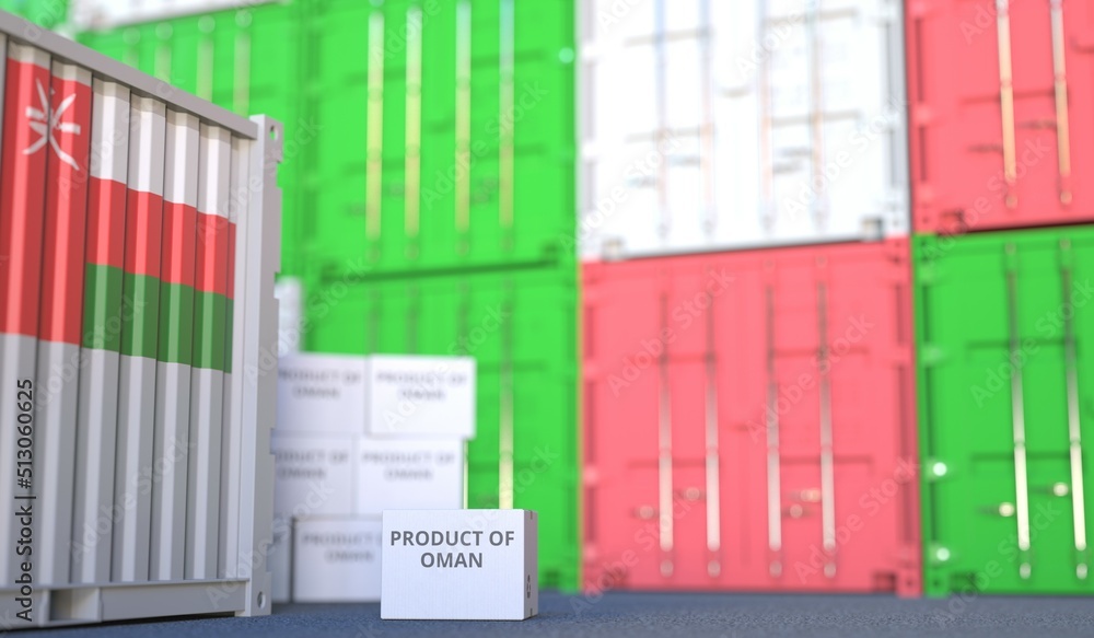 Aufkleber carton with product of oman text and many containers, 3d rendering