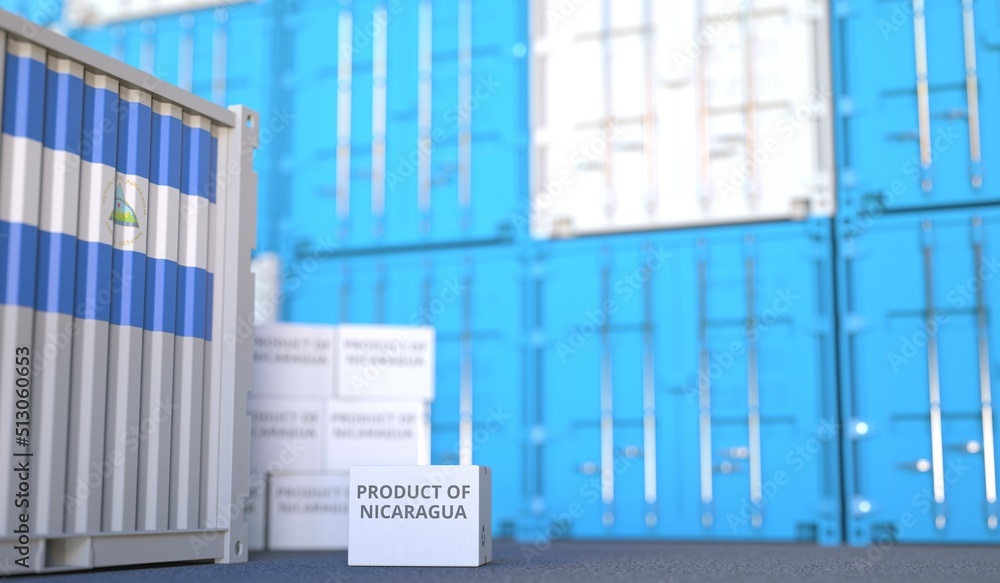 Aufkleber carton with product of nicaragua text and many containers, 3d rendering