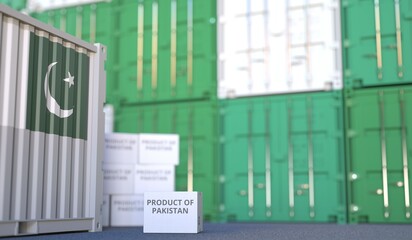 PRODUCT OF PAKISTAN text on the cardboard box and cargo terminal full of containers. 3D rendering