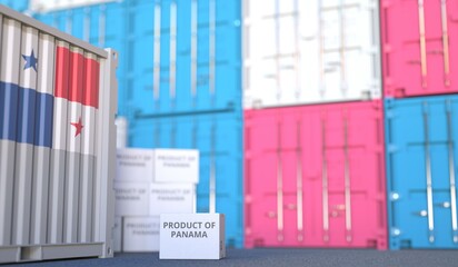 Box with PRODUCT OF PANAMA text and cargo containers. 3D rendering