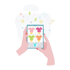 Hands hold a tablet with an open page of the online store. Concepts of internet technology and online shopping. Woman holds a tablet in her hand and makes a purchase. Vector illustration.