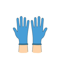 Pair of cartoon blue protective medical blue gloves on hands hand drawn isolated on white background. Flat design. Vector illustration.