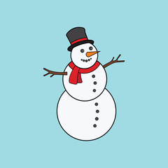 Funny cartoon snowman in a hat and scarf hand drawn isolated on a white background. Vector illustration. Flat design.
