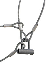 Industrial Safety Padlock Lock Interlocked Wire Loop Ropes, Isolated Silver Grey Steel Hawsers...