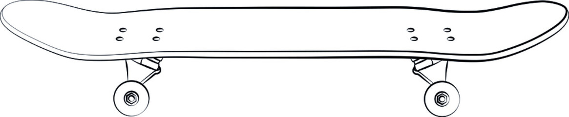 skateboard deck, truck and wheel, sports equipment for skateboarding sketch drawing, contour lines drawn
