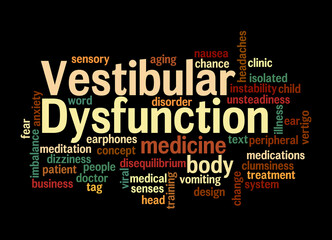 Word Cloud with VESTIBULAR DYSFUNCTION concept, isolated on a black background