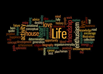 Word Cloud with LIFE concept, isolated on a black background