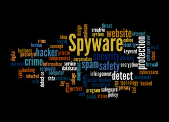 Word Cloud with SPYWARE concept, isolated on a black background