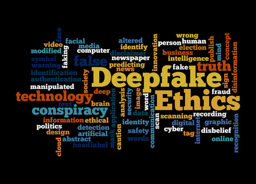 Word Cloud with DEEPFAKE ETHICS concept, isolated on a black background