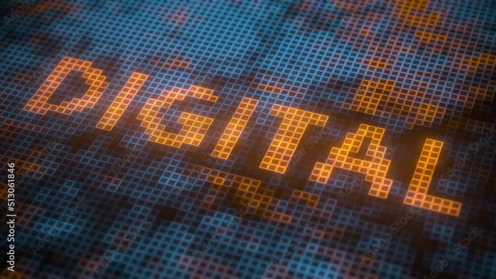 Poster digital text made of pixels on the screen, 3d animation
