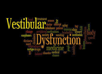 Word Cloud with VESTIBULAR DYSFUNCTION concept, isolated on a black background
