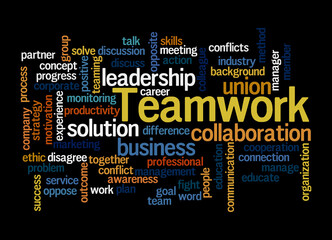 Word Cloud with TEAMWORK concept, isolated on a black background
