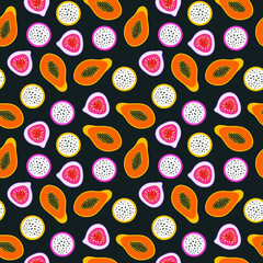 Fruit seamless pattern. Tropic papaya, dragon fruit pitaya and fig. Vector isolated illustration for fabric print, wrapping paper, kitchen decor, restaurant menu design. Hand drawn doodle style