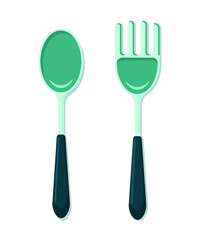 Flat spoon and fork. Cutlery set. Isolated vector illustration. Table setting. Kitchen, restaurant, cafe clipart. Trendy elements for graphic design