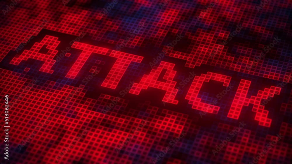 Poster attack text made of pixels on the screen, 3d animation