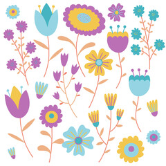 Seasonal colorful set of vector floral elements. summer collection of flowers and plants in bright colors.