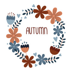 Autumn card with floral wreath. Simple and cute poster with flowers in orange, red, blue colors on white background. For invitations, banners, postcards design. Vector illustration