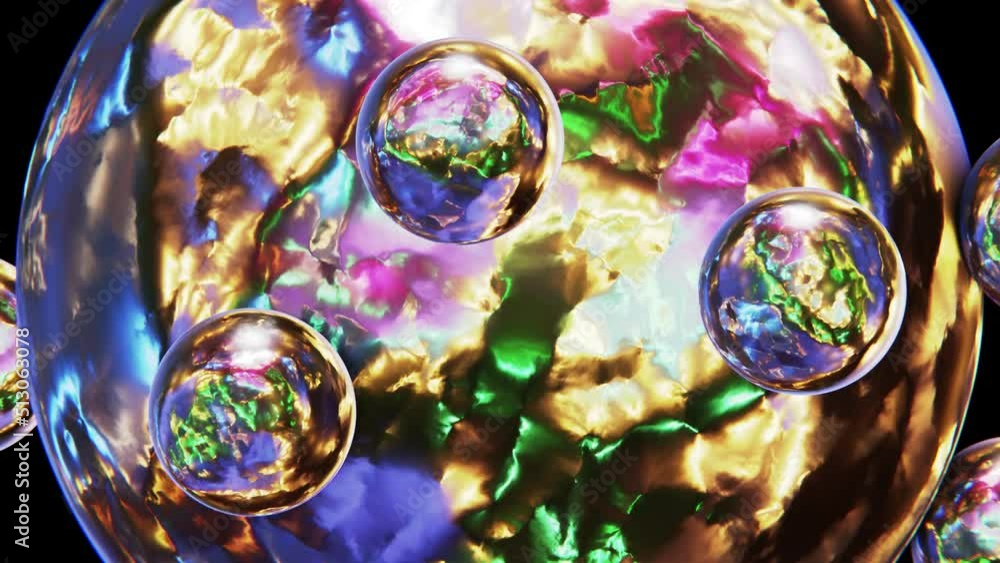 Poster realistic satisfying looping 3d animation of the colorful shining iridescent liquid metal sphere wit